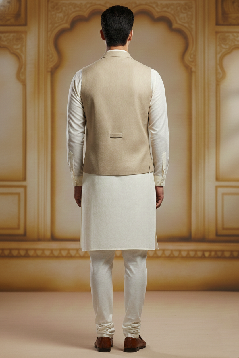Men’s Beige Jacquard Silk Waistcoat with Notch Lapel | Slim Fit Festive Vest