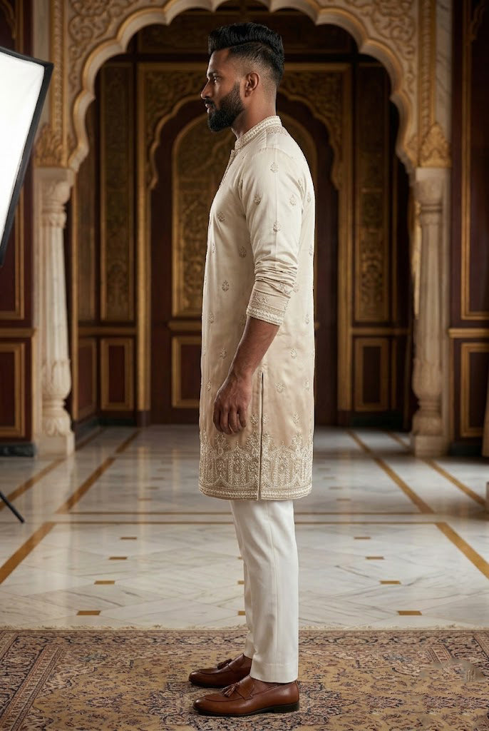 Men's Cream Ombré Embroidered Designer Kurta Pajama