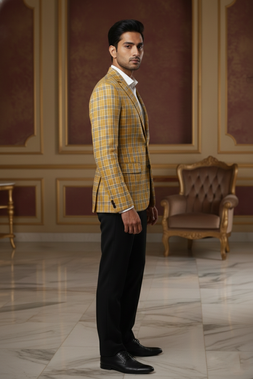 Mustard Yellow Plaid Double-Breasted  Blazer