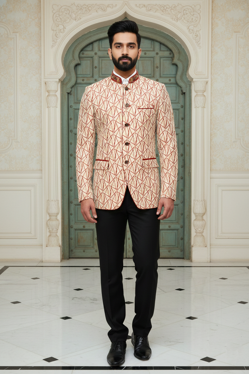 Men'sCream & Rust Geometric Print Bandhgala Jodhpuri Blazer