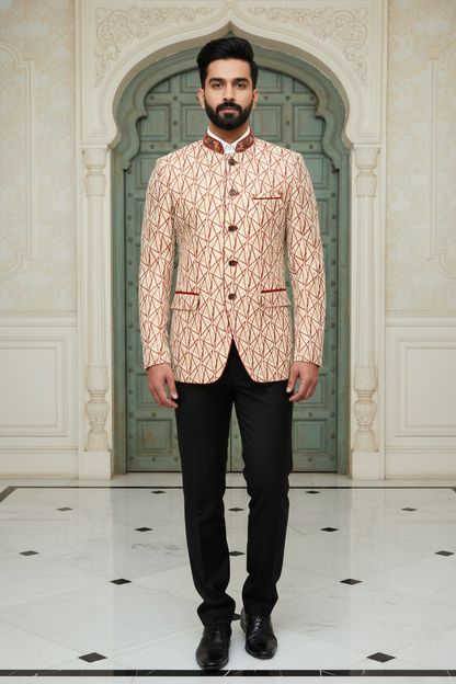 Men'sCream & Rust Geometric Print Bandhgala Jodhpuri Blazer