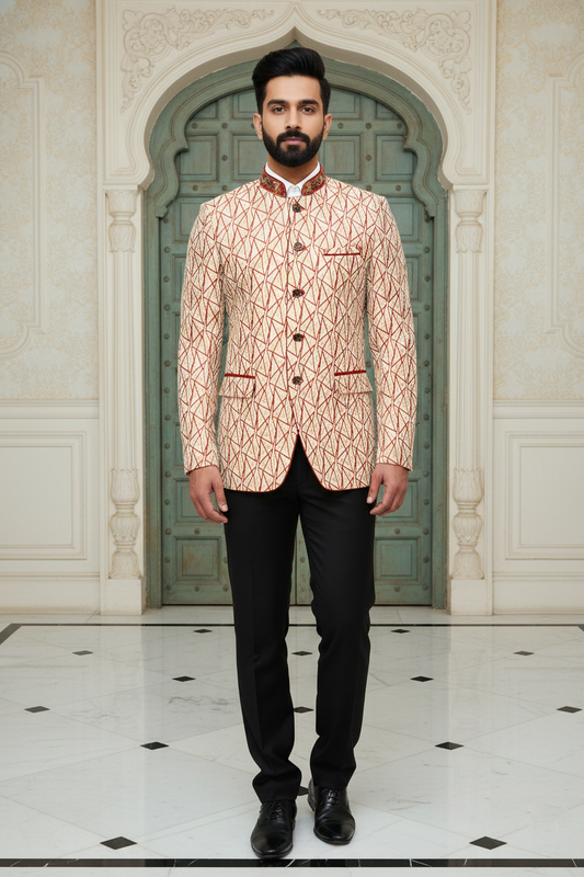 Men'sCream & Rust Geometric Print Bandhgala Jodhpuri Blazer