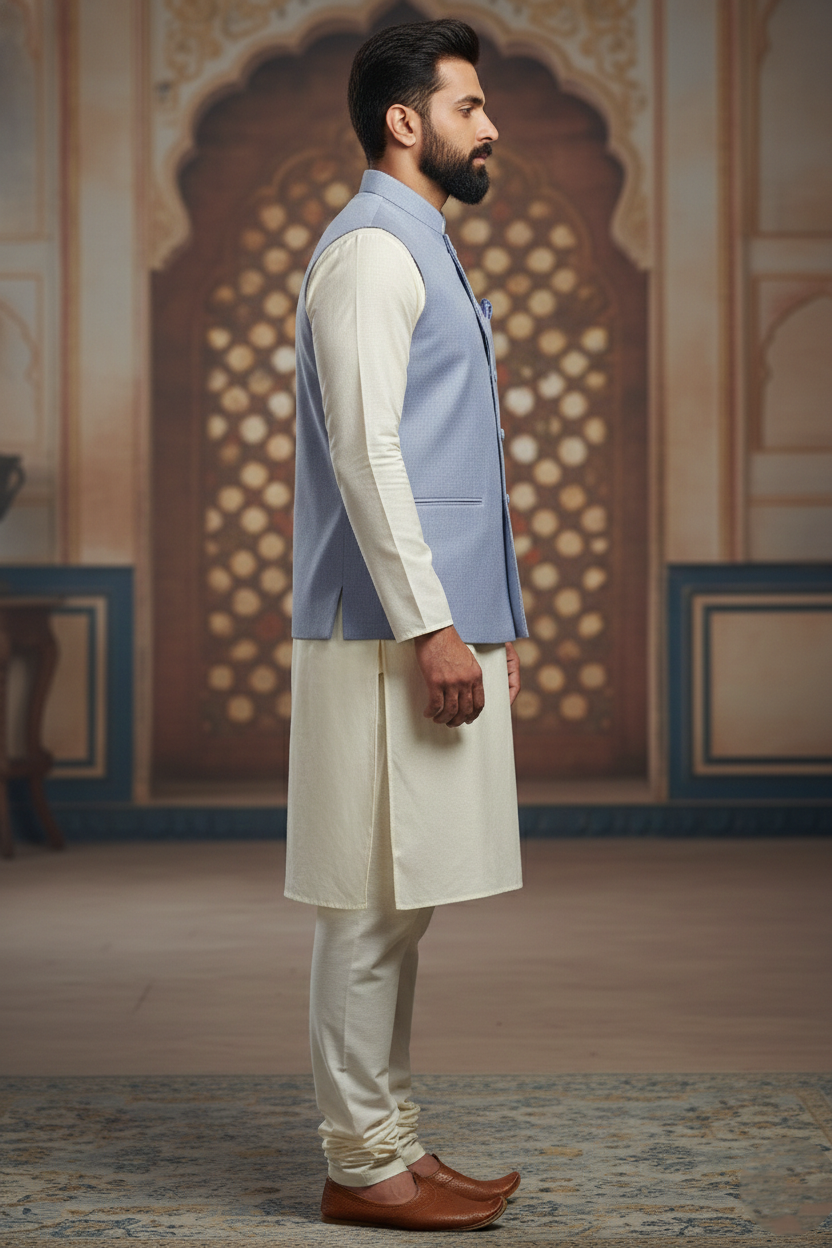 Men’s Light Blue Nehru Jacket with Pocket Square | Classic Ethnic Waistcoat