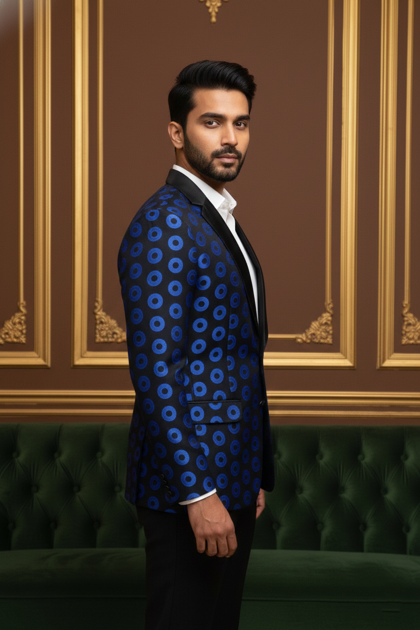 Men's Royal Blue Geometric Circle Print Party Wear Blazer with Satin Shawl Lapel
