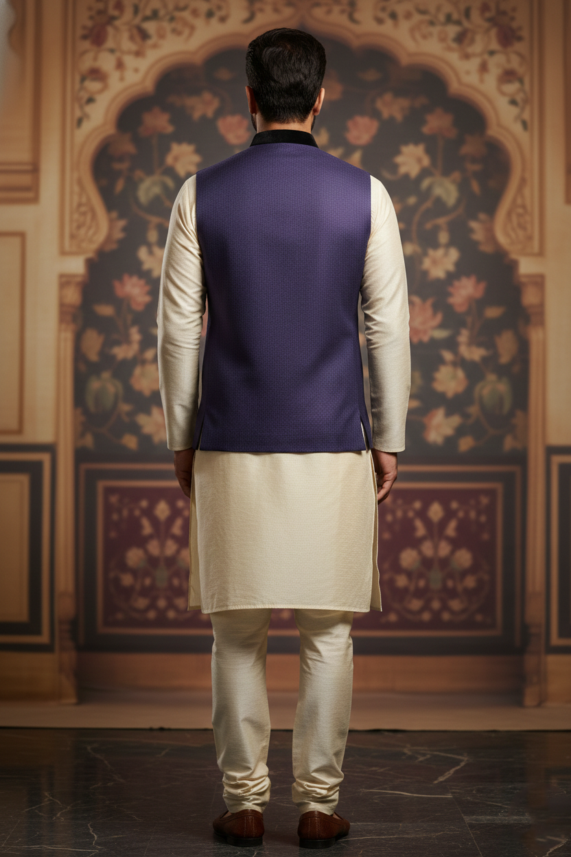 Men's Royal Purple Textured Nehru Jacket – Luxury Velvet Trim Ethnic Waistcoat | Designer Modi Jacket for Weddings, Receptions & Festivals