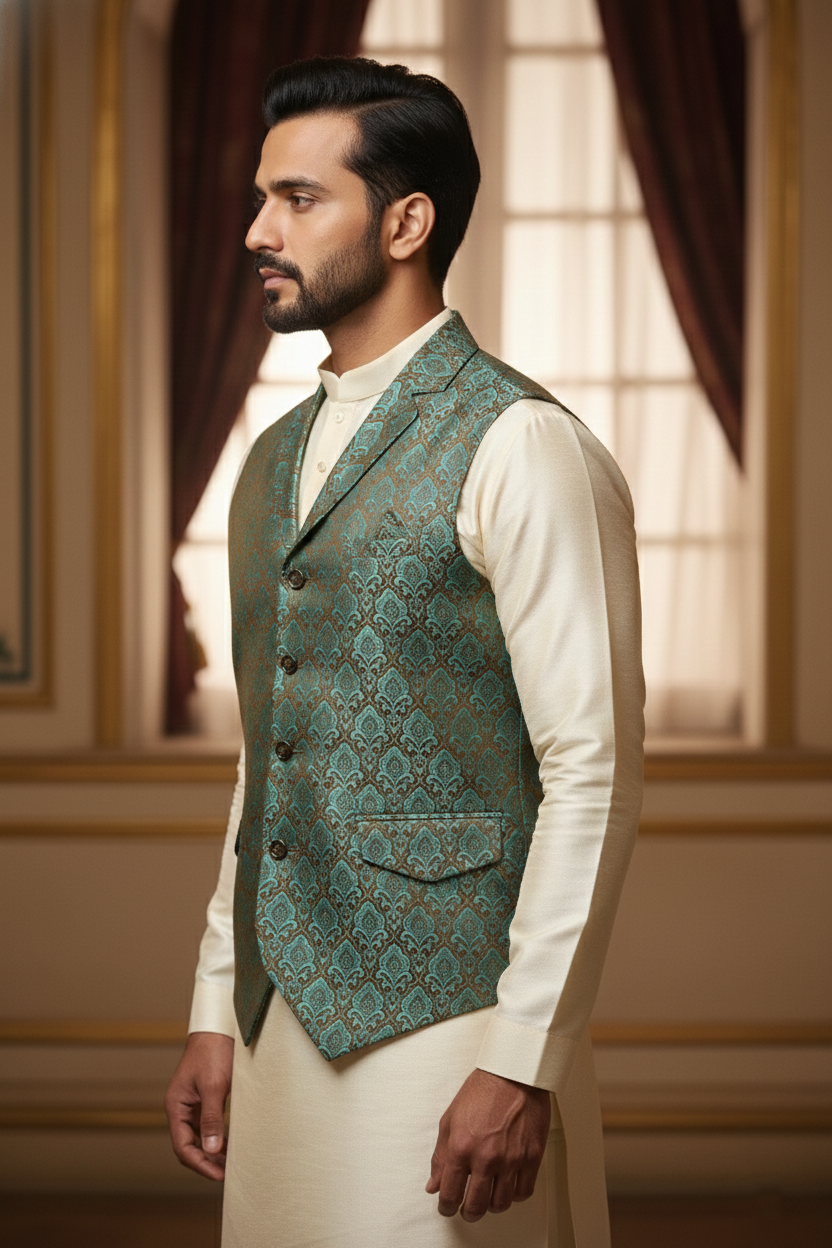 Men’s Teal Green Brocade Nehru Jacket | Ethnic Wedding Festive Party Wear Mandarin Collar Sleeveless Waistcoat for Kurta & Indo-Western Outfit