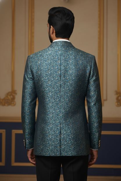 Blue & Gold Paisley Double-Breasted Blazer with Beige Accents