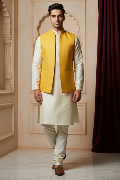 Mustard Nehru Jacket with Cream Kurta Set
