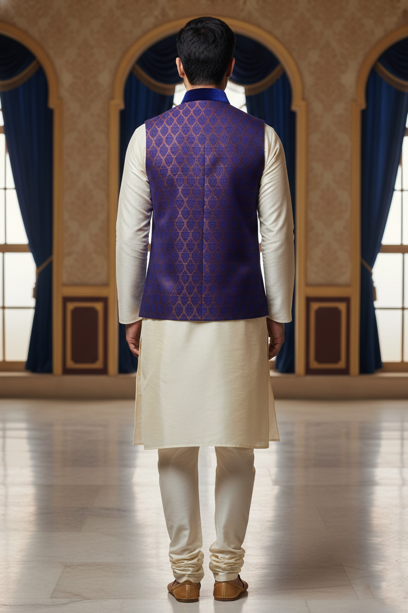 Men's Jacquard Silk Nehru Jacket – Purple & Blue Ethnic Wedding Waistcoat
