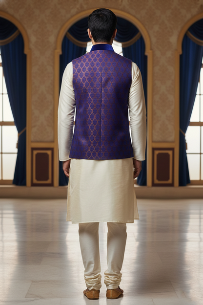 Men's Jacquard Silk Nehru Jacket – Purple & Blue Ethnic Wedding Waistcoat