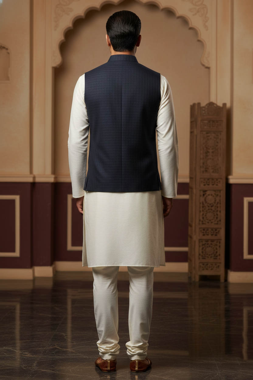 Men’s Navy Blue Nehru Jacket with White Contrast Lining | Ethnic Waistcoat