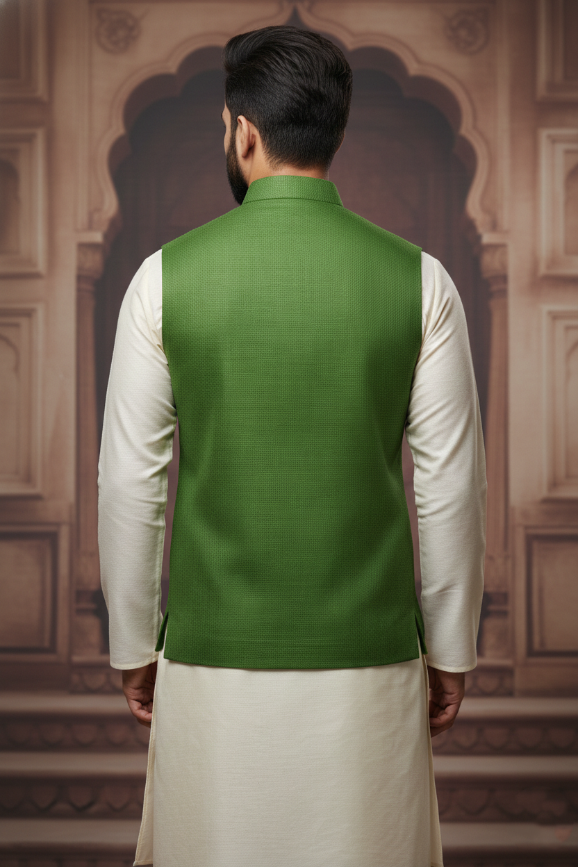 Men’s Dark Green Nehru Jacket with Black Piping | Designer Ethnic Waistcoat