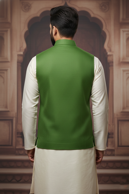Men’s Dark Green Nehru Jacket with Black Piping | Designer Ethnic Waistcoat