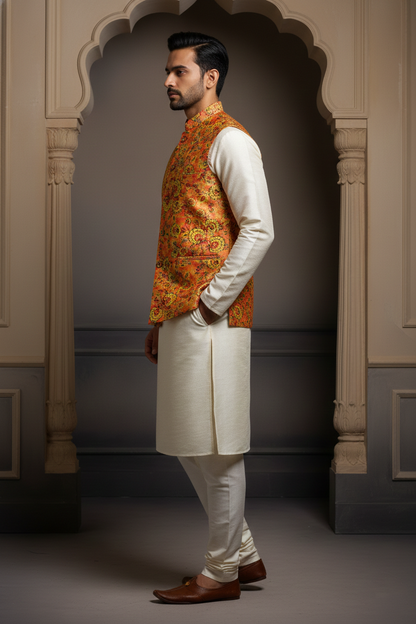 Title: Harvest Gold: The Floral Tapestry Nehru Ensemble