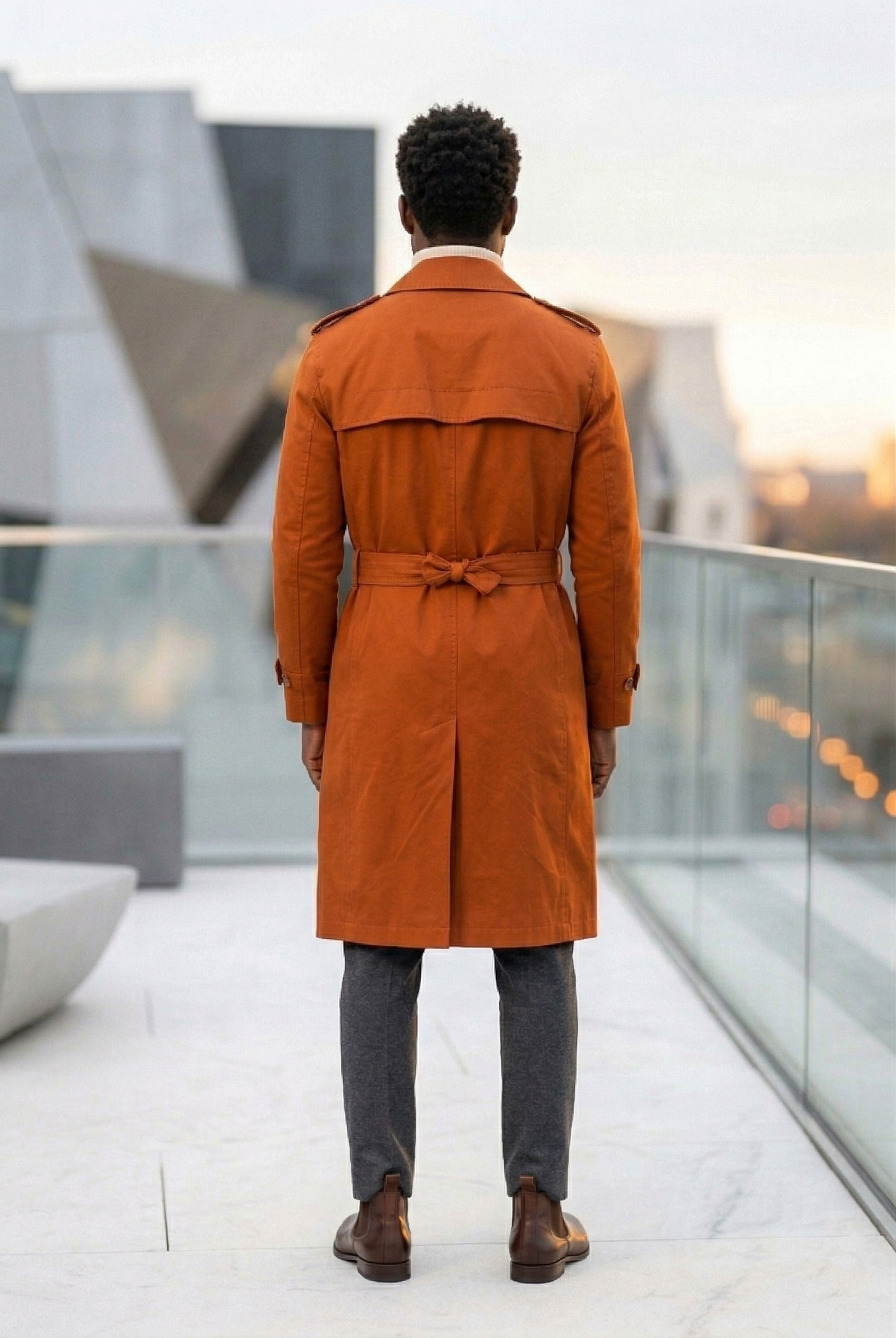 Men'sBurnt Orange Double-Breasted Long Trench Coat