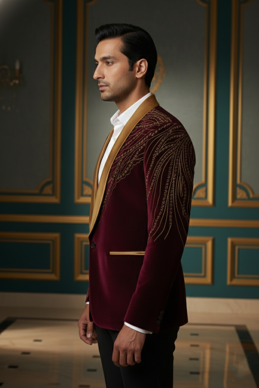 Majestic Maroon Velvet , Gold Embroidered Blazer