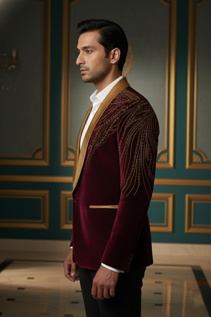Majestic Maroon Velvet , Gold Embroidered Blazer