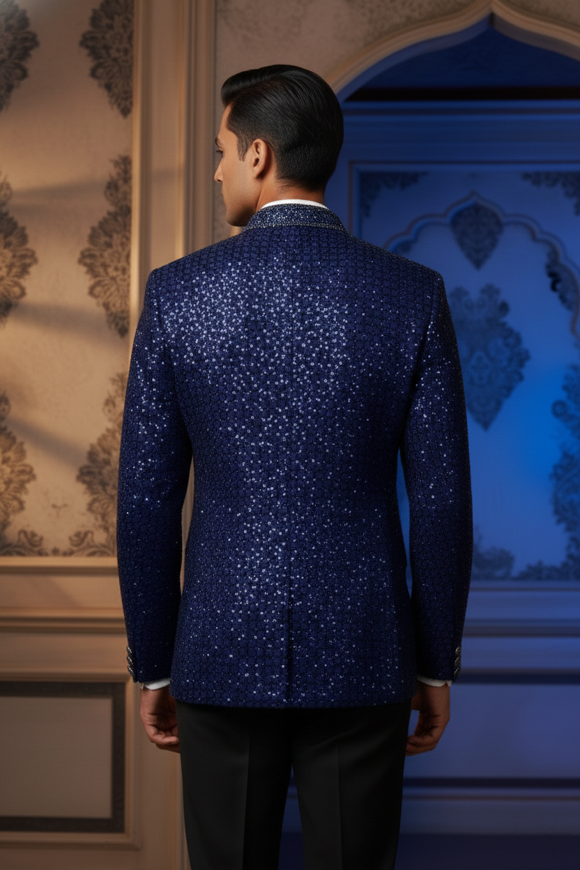 Midnight Navy Sequin Enchantment Blazer , Luxury Hand-Beaded Mandarin Collar Tuxedo