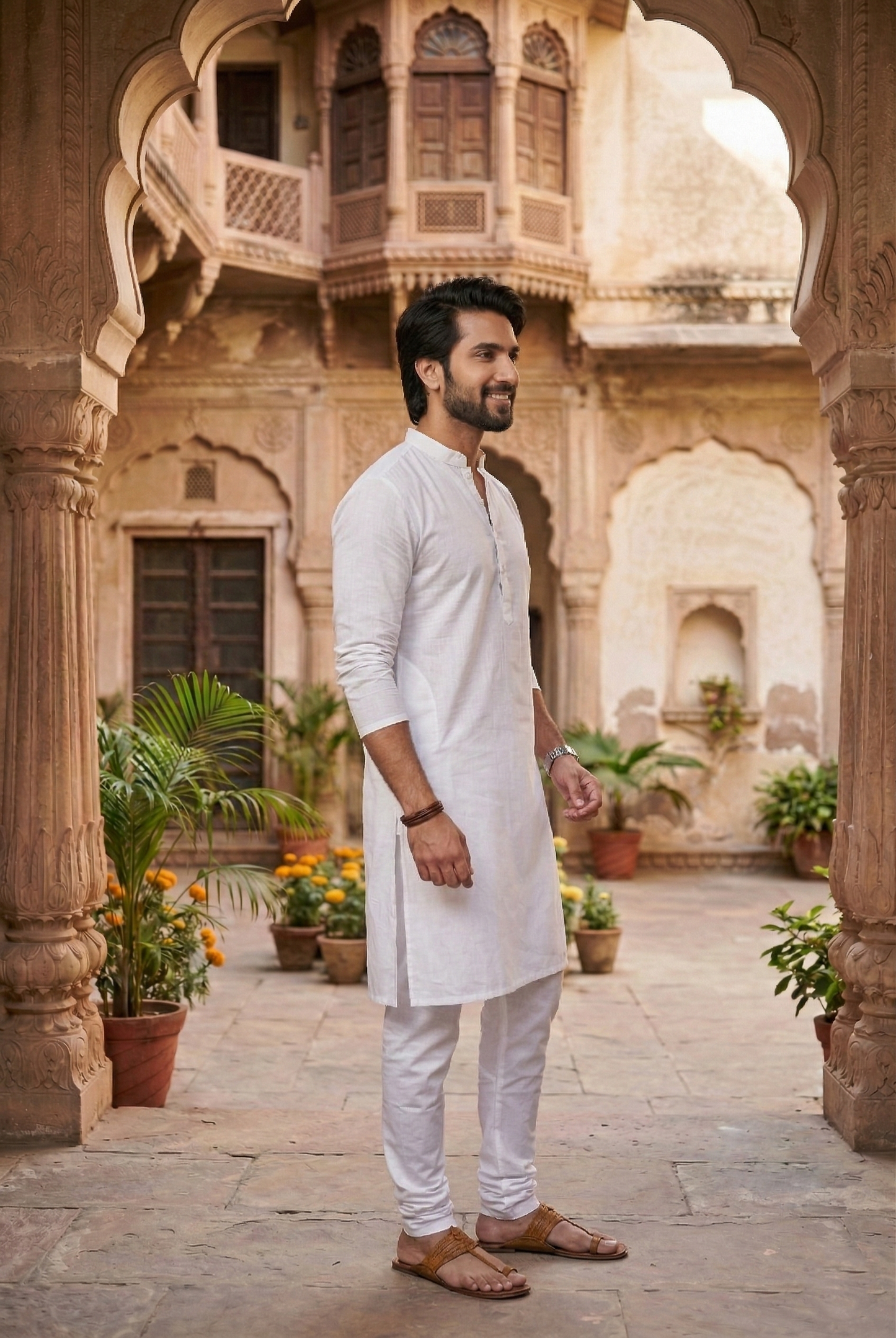 Men's Pure White Cotton Linen Plain Kurta Pajama Set