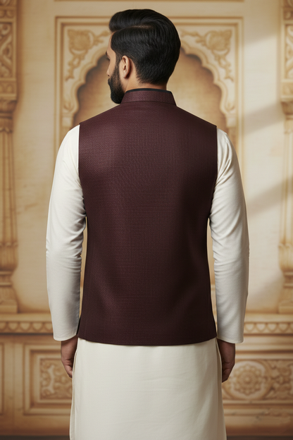 Maroon Nehru Jacket with Cream Kurta Ensemble