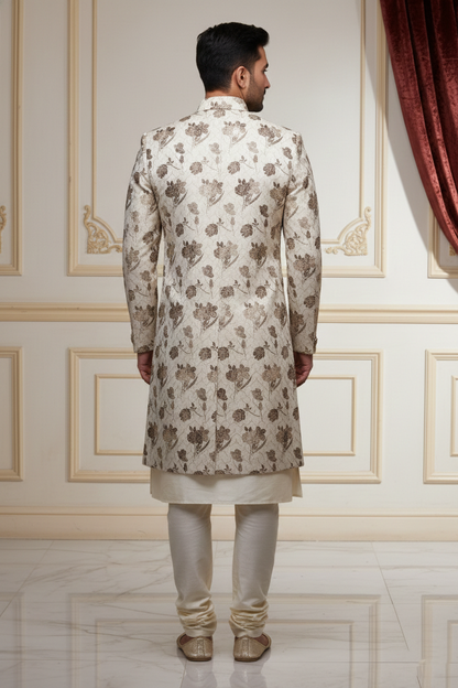 Men'sIvory Floral Embroidered Sherwani