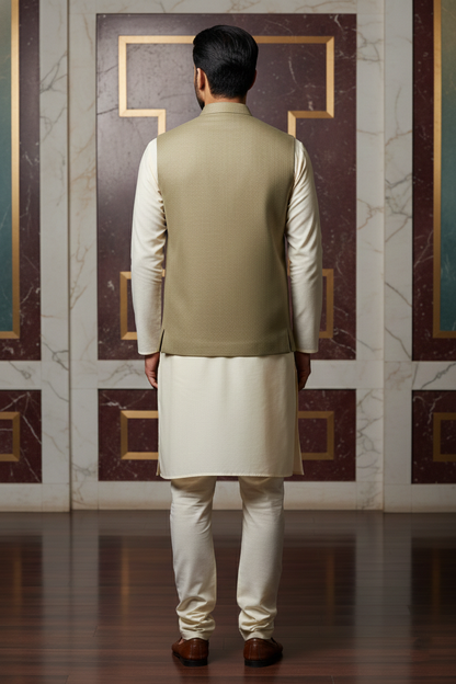 Men’s Beige Nehru Jacket | Solid Ethnic Waistcoat with Mandarin Collar