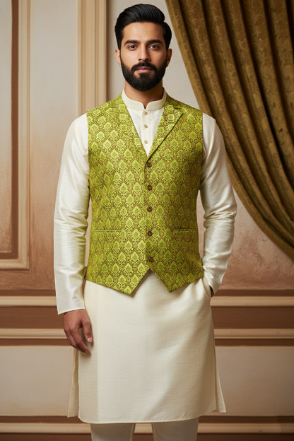 Men’s Parrot Green Brocade Nehru Jacket | Ethnic Wedding Festive Party Wear Mandarin Collar Sleeveless Waistcoat for Kurta & Indo-Western Outfit