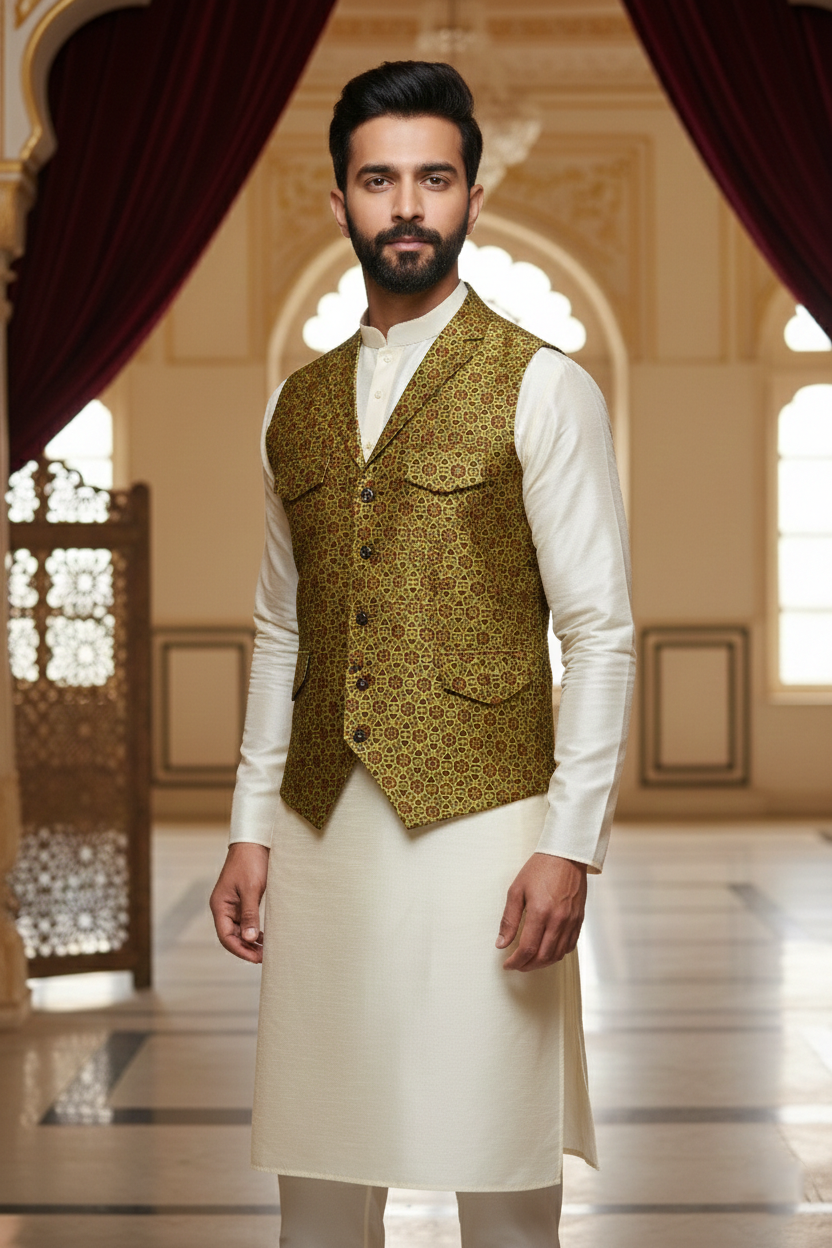 Men's Olive Green & Gold Geometric Print Nehru Jacket – Premium Multi-Pocket Designer Waistcoat with Notched Lapel for Ethnic & Fusion Wear