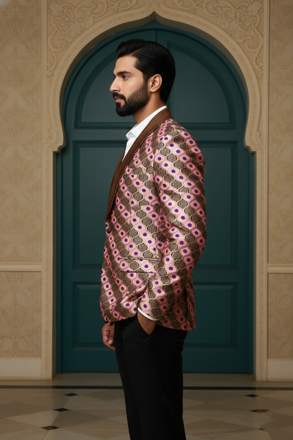 Men'sRose Pink & Bronze Banarasi Jacquard Tuxedo Blazer , Premium Ethnic Fusion Wear