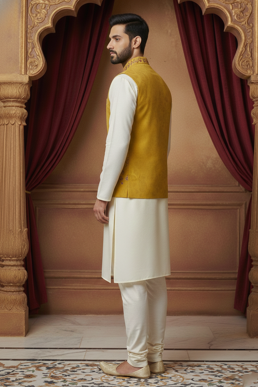 Men’s Mustard Floral Embroidered Nehru Jacket