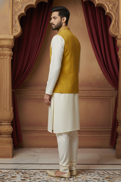 Men’s Mustard Floral Embroidered Nehru Jacket