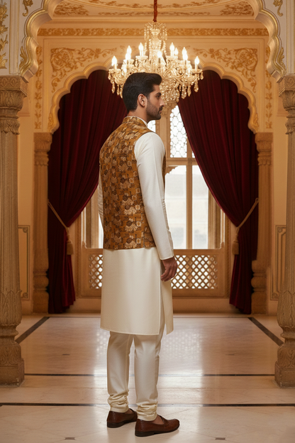 Men’s Mustard Brown Floral Designer Waistcoat | Slim Fit Festive & Party Wear Vest