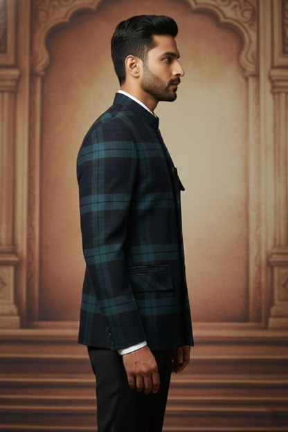 Dark Blue & Green Plaid Double-Breasted Blazer with Metallic Buttons