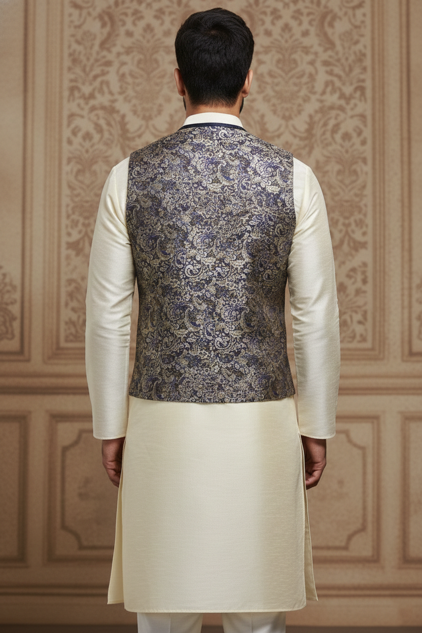 Blue Paisley Jacquard Waistcoat with Cream Silk  Kurta Set