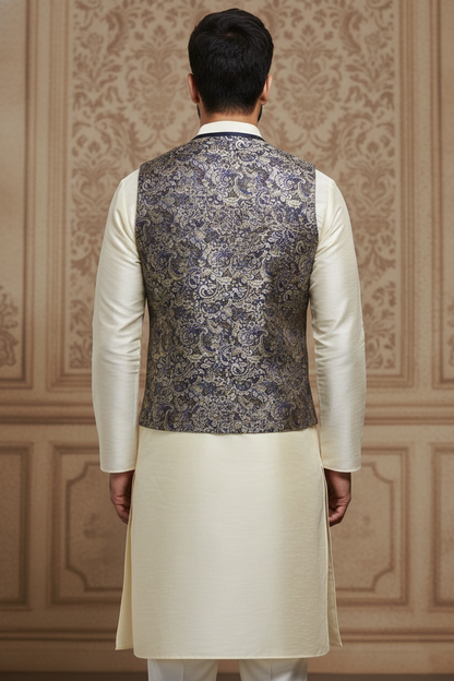 Blue Paisley Jacquard Waistcoat with Cream Silk  Kurta Set