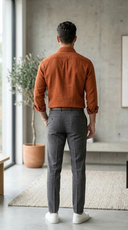 Men'sTerracotta Linen-Cotton , The Warm-Tone Casual Essential