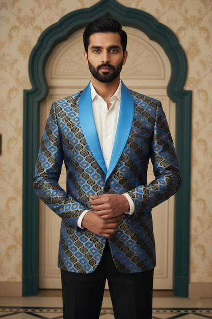 Men'sElectric Blue & Gold Geometric Banarasi Jacquard Tuxedo Blazer , Designer Evening Wear