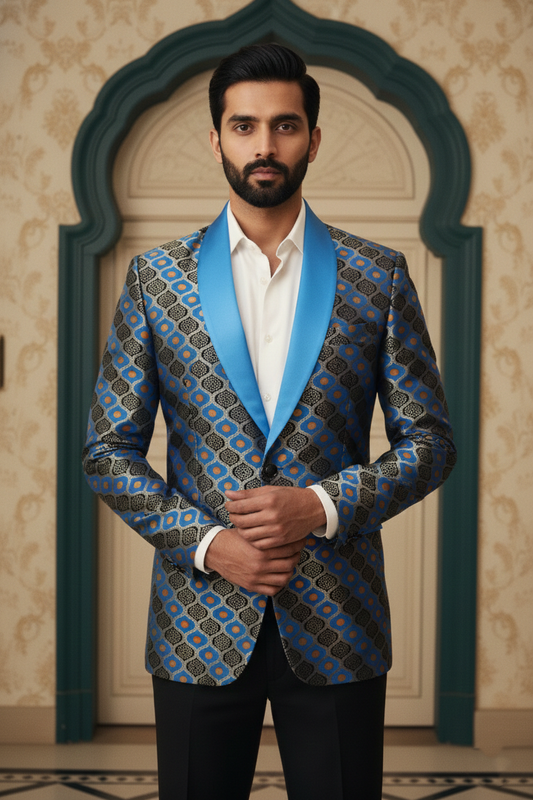 Men'sElectric Blue & Gold Geometric Banarasi Jacquard Tuxedo Blazer , Designer Evening Wear