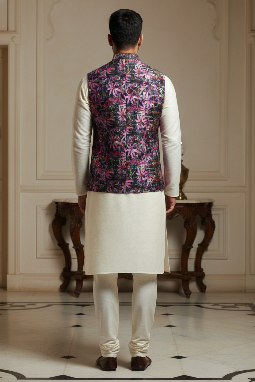 Midnight Bloom: Men’s Abstract Floral Nehru Jacket