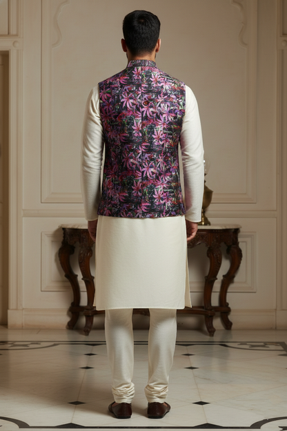 Midnight Bloom: Men’s Abstract Floral Nehru Jacket