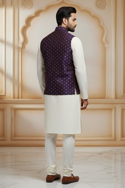 Men’s Purple Dotted Nehru Jacket with Ivory Kurta