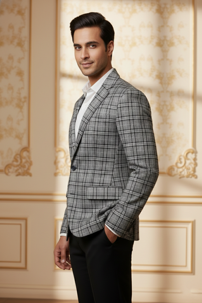 Men'sPremium Grey Glen Plaid Blazer , Slim-Fit Checked Formal Sport Coat for Business & Weddings