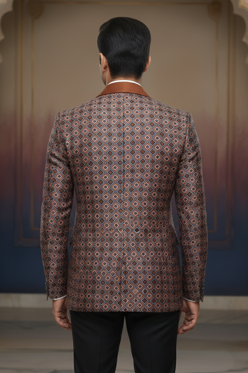 Geometric Diamond-Pattern Jacket with Satin Lapels