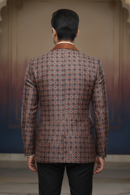 Geometric Diamond-Pattern Jacket with Satin Lapels