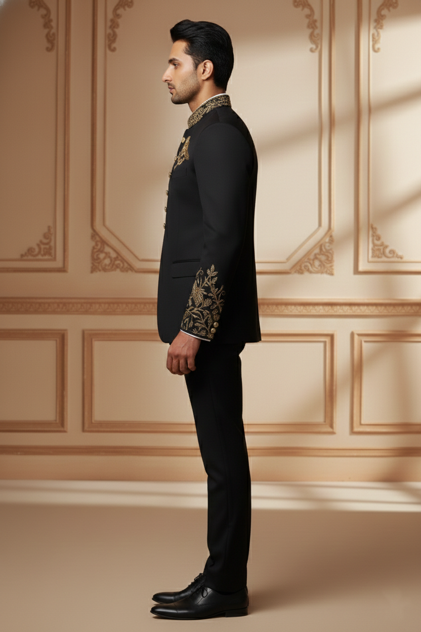 Men'sBlack Embroidered Bandhgala Suit