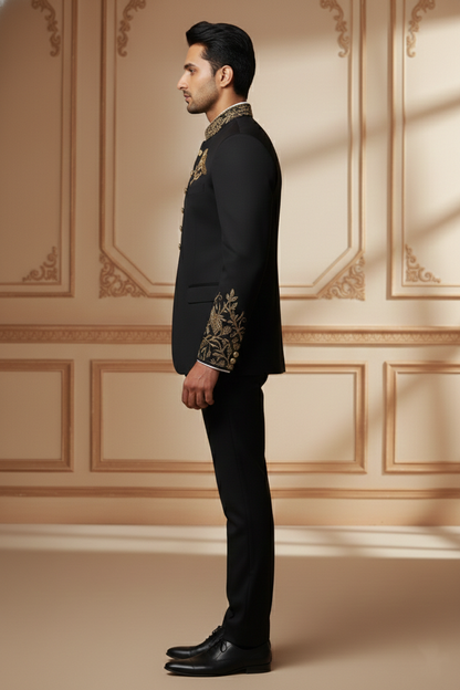 Men'sBlack Embroidered Bandhgala Suit
