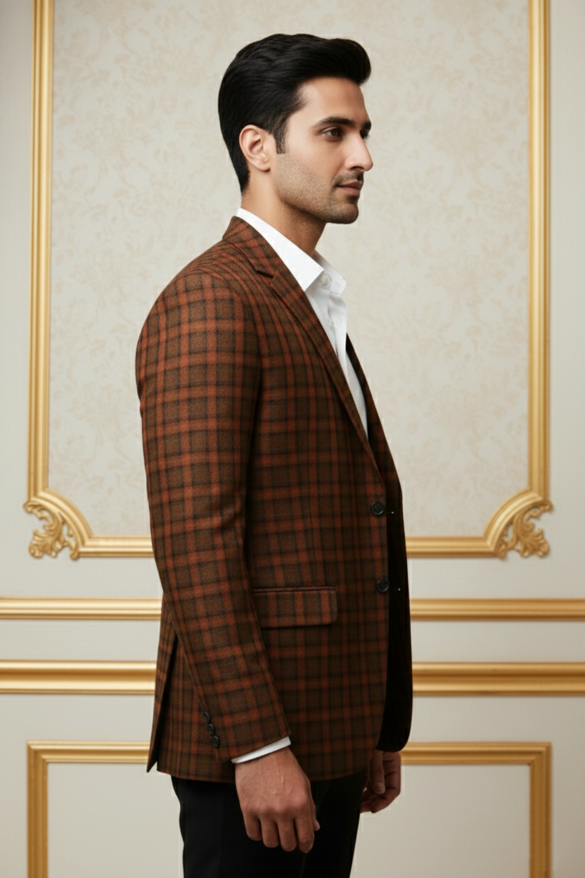 Men'sPremium Rust Orange & Black Checkered Blazer , Slim-Fit Textured Formal Sport Coat