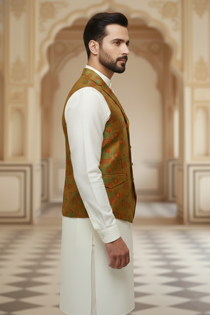 Men’s Brown Floral Designer Waistcoat | Red & Green Flower Work Slim Fit Vest