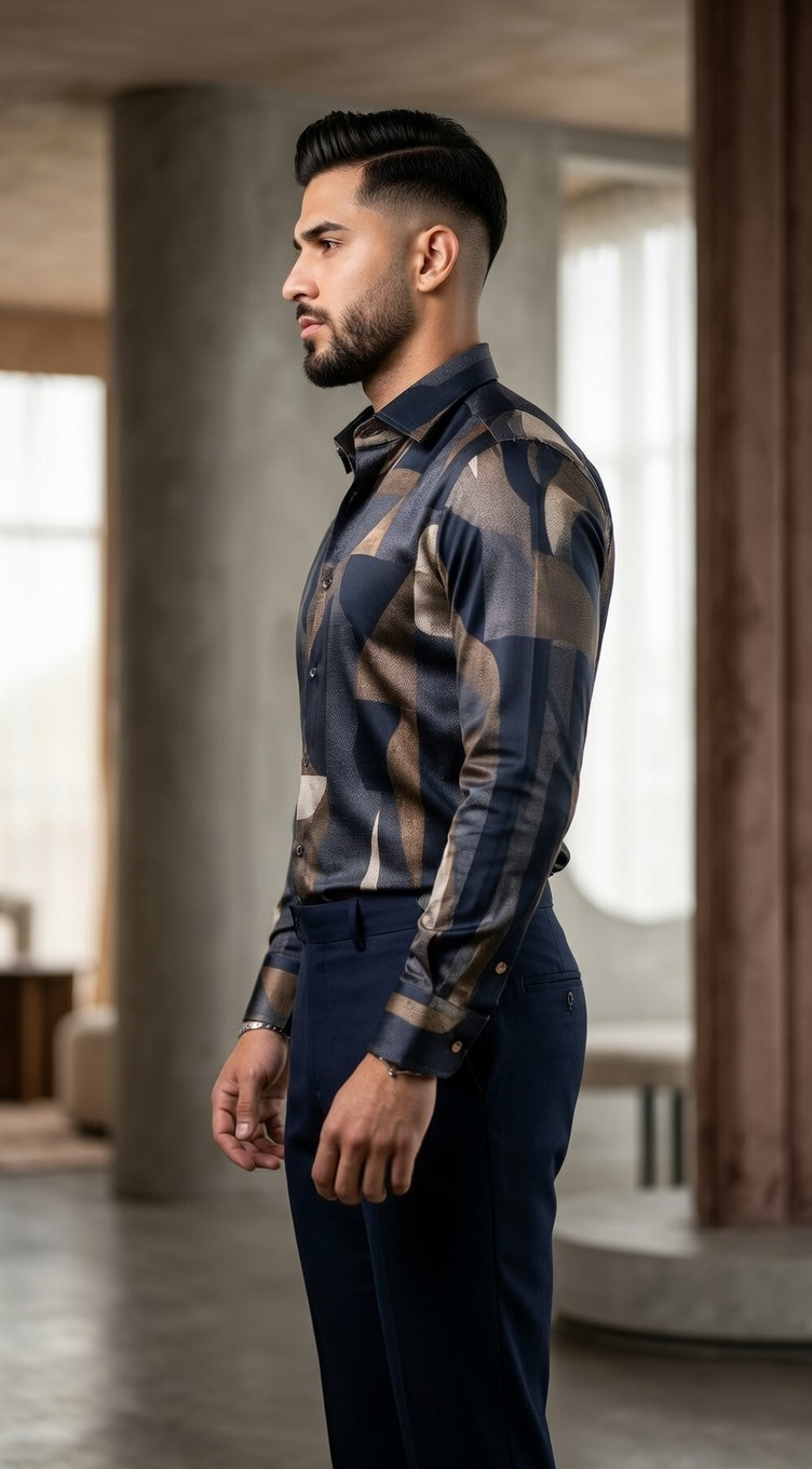 Men'sDesigner Slim-Fit Abstract Fragment Print Shirt , Midnight & Burnished Bronze