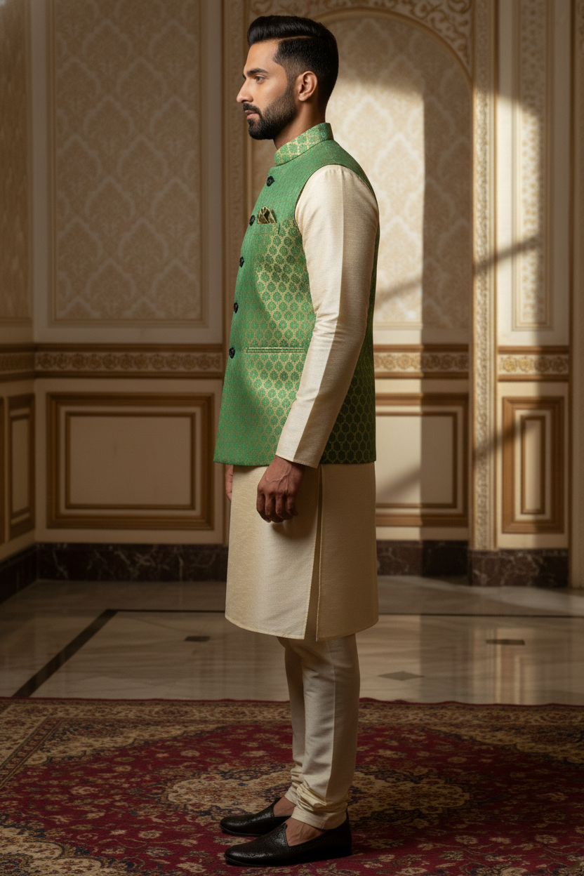 Men’s Green Nehru Jacket with Golden Touch Work | Ethnic Waistcoat for Wedding, Festive & Party Wear | Sleeveless Jacket